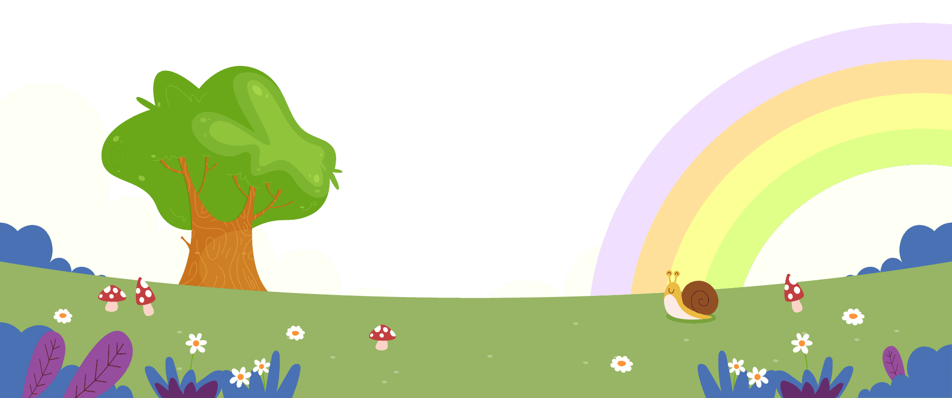 Illustrated scene of a tree, rainbow, and grassy hill
