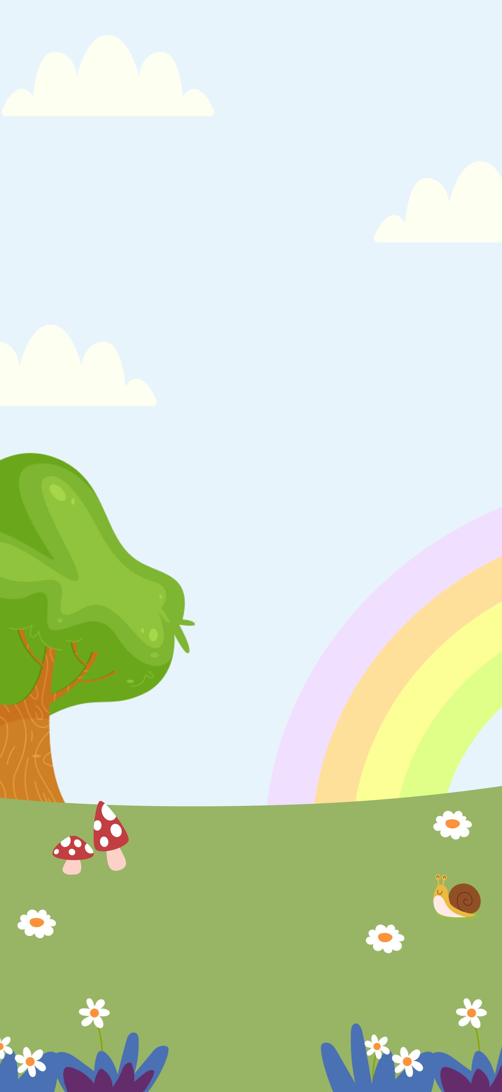 Illustrated scene of a tree, rainbow, and grassy hill