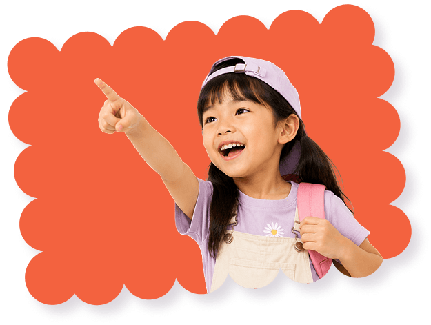 Girl pointing excitedly, ready for school